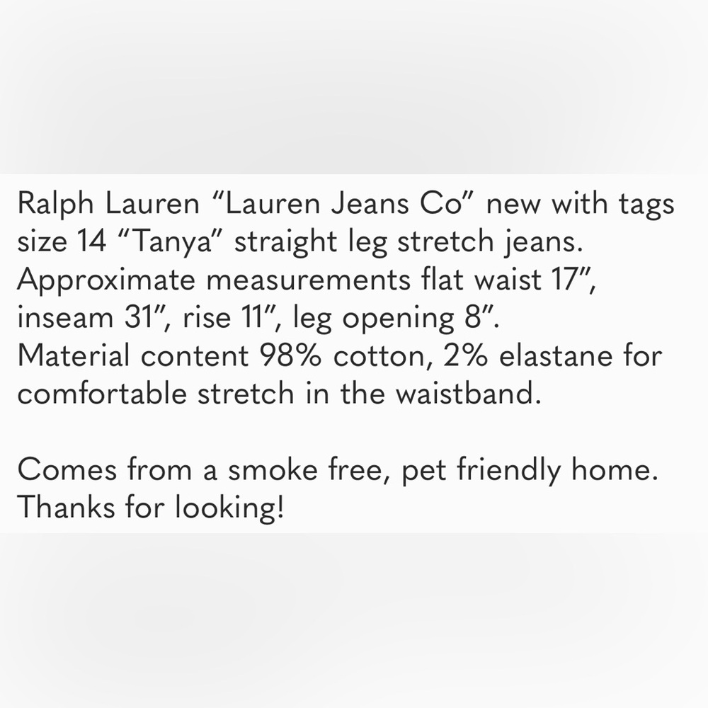NWT women’s jeans, “Lauren Jeans Co” by Ralph Lauren size 14, inseam 31” - Picture 11 of 11
